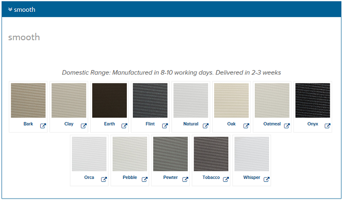 Roller Blind Blockout Smooth Colour Chart